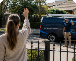 Customer waving goodbye to a Rouse Hill Blocked Drains plumber